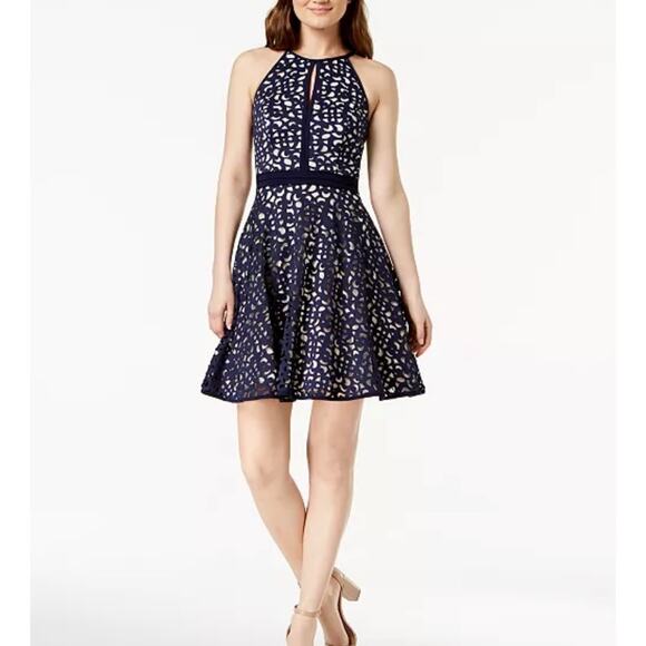 XSCAPE Laser Cut Halter A-Line Fit & Flare Dress Navy Size 14 - Picture 1 of 8